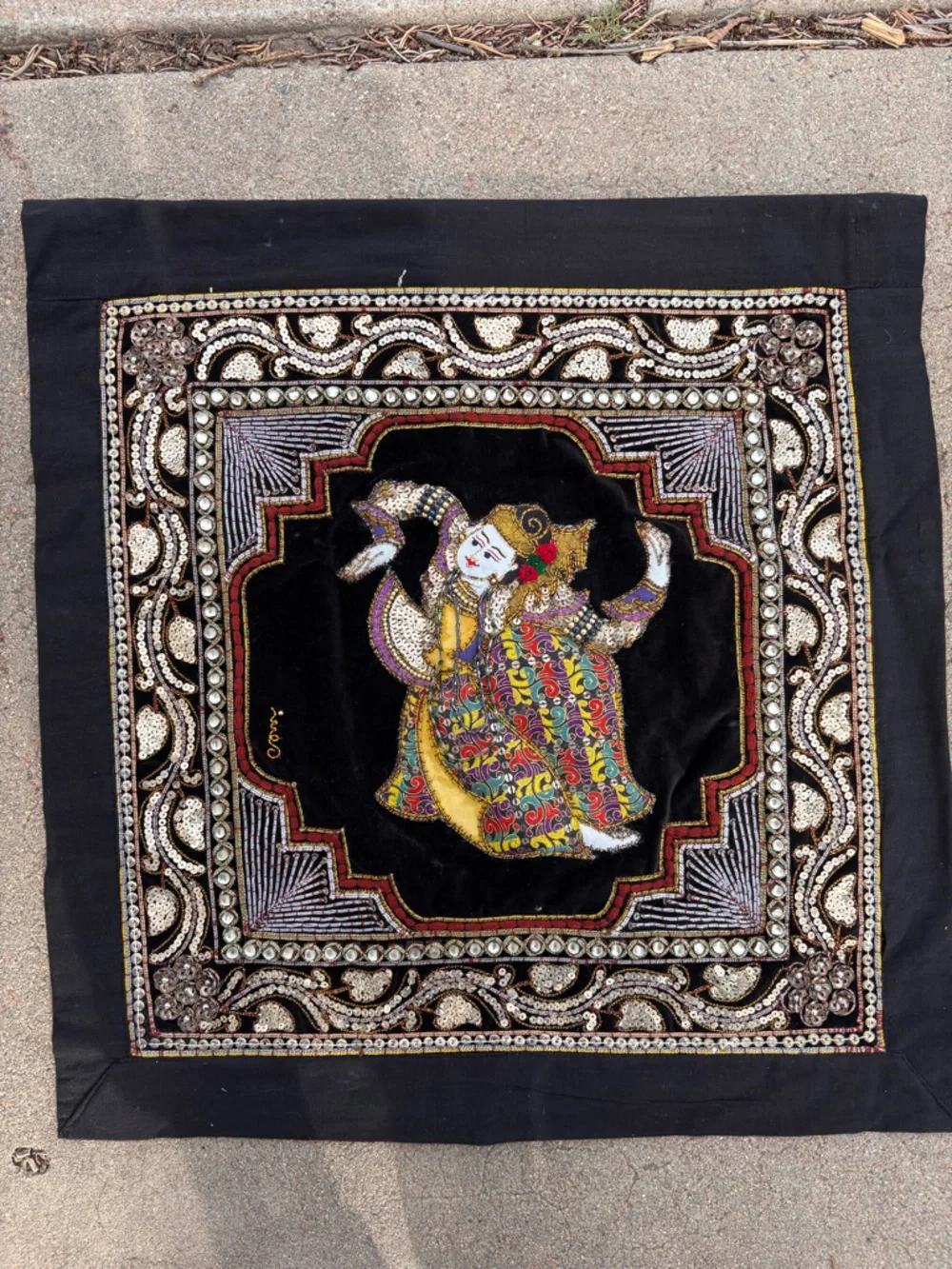 Vintage Kalaga Wall Hanging Asian Burmese Thai India Dancer Beaded Tapestry